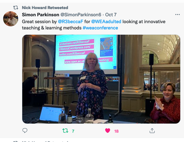Tweet from the day, with an image of Rebecca presenting and noting it was a 'great session'